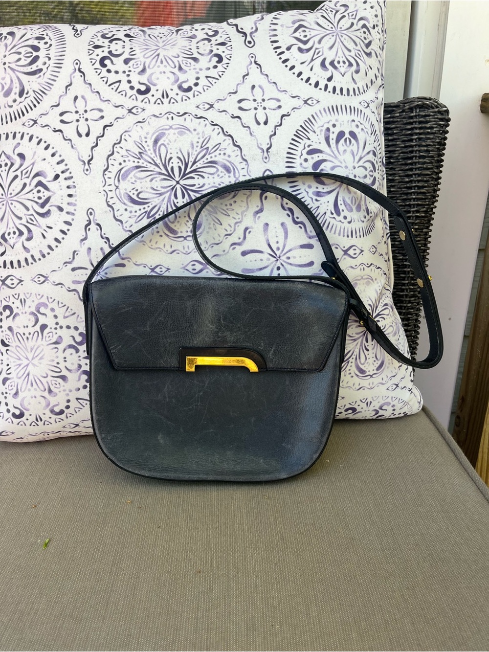 Vintage Delvaux Navy Leather Crossbody  Bag with Gold Accent